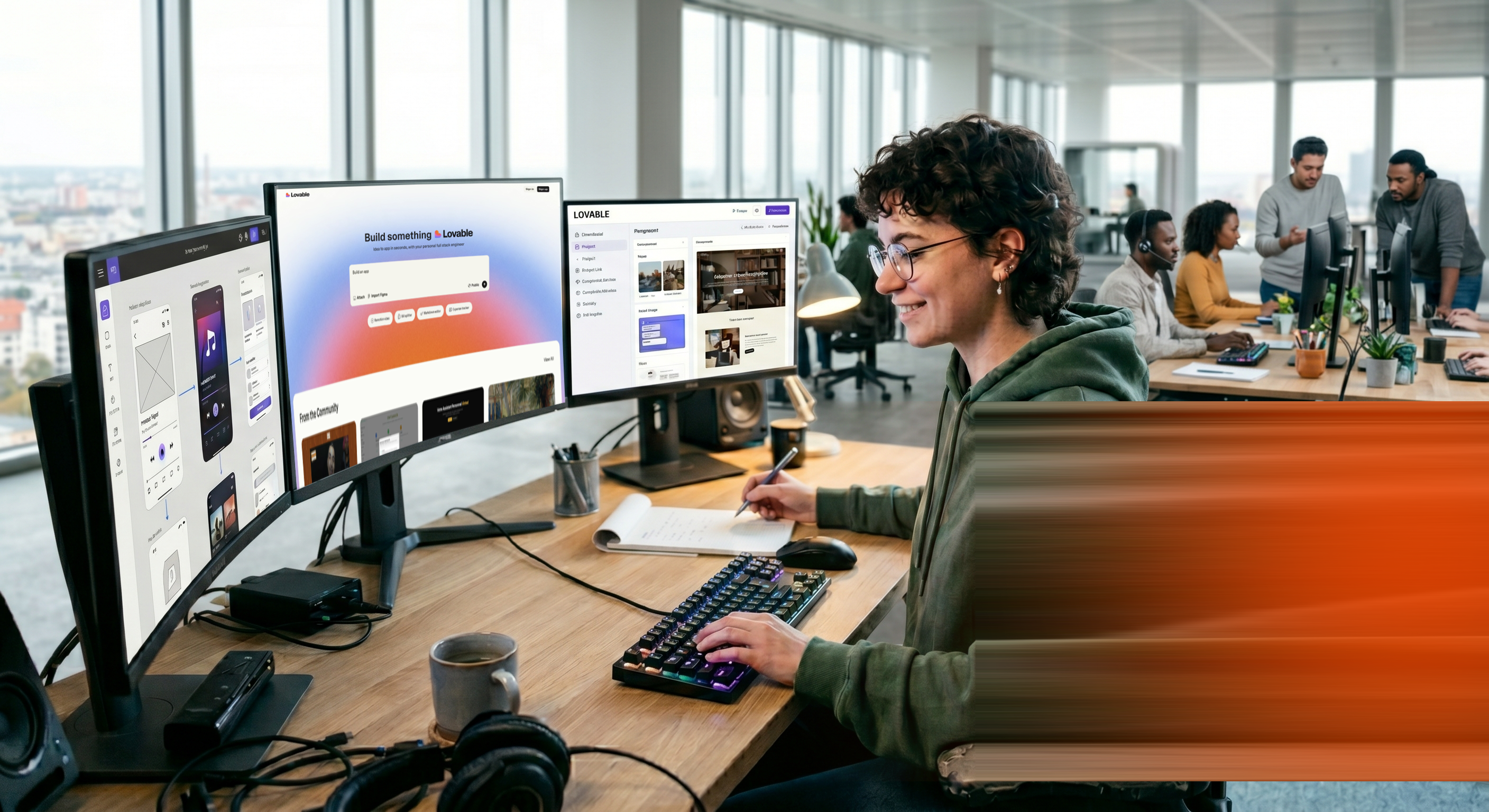 A woman is working with a vibe coding tool behind a desk, to build an app.