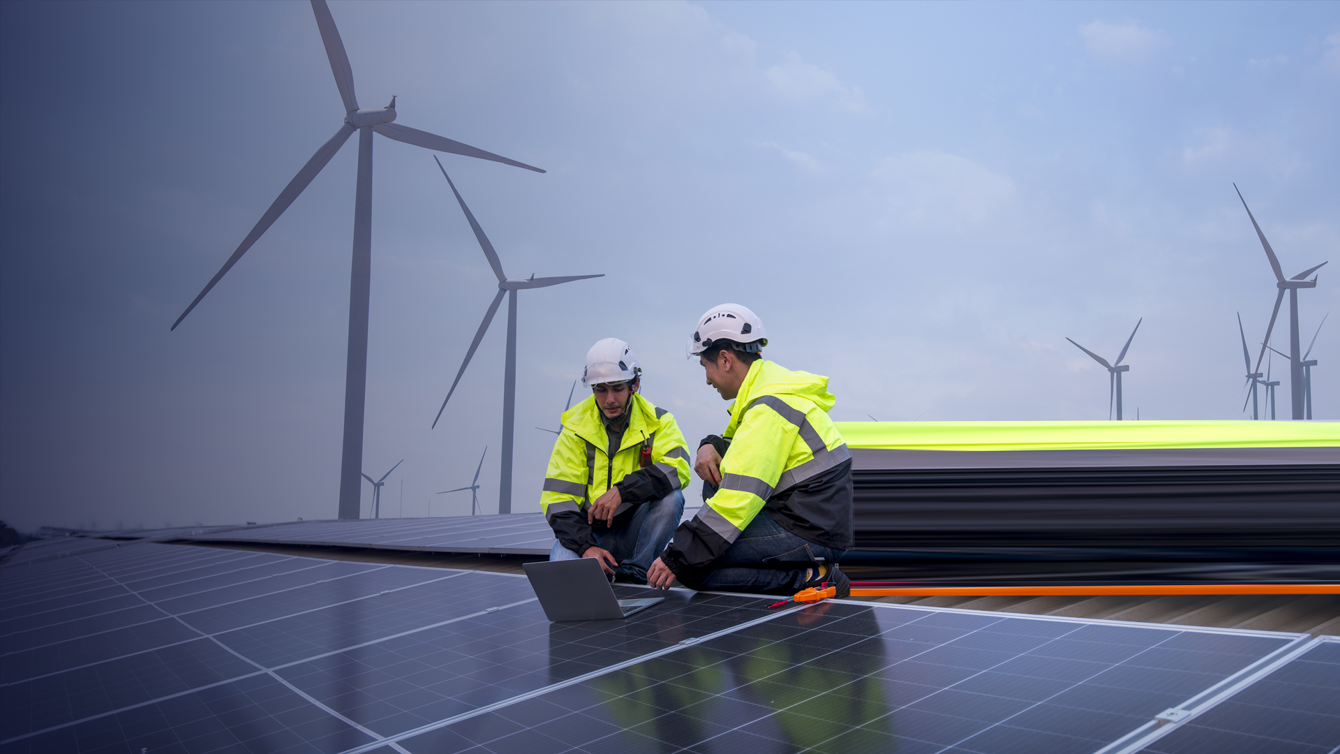 bolt_Engineers walking on factory roof inspect survey and check solar cell panel by hold equipment box ,s By APchannel_envato